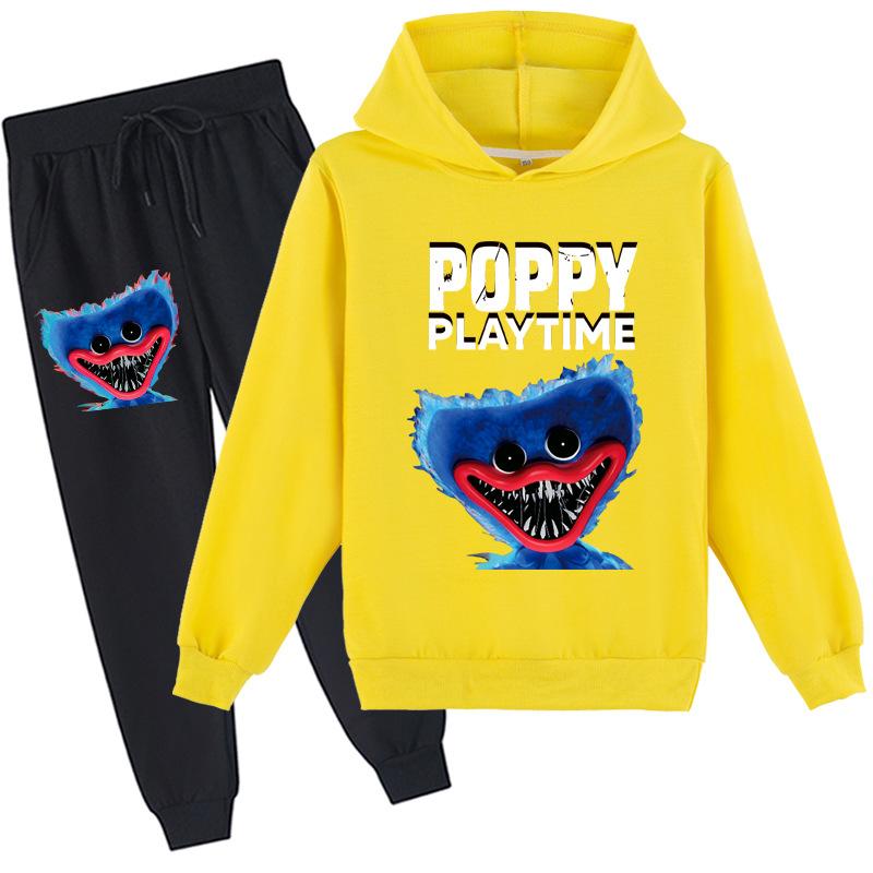 3D-Hoodie-Set für Kinder Huggy Wuggy Pullover-Trainingsanzug Poppy Playtime Kinderpullover + Hose 120cm gelb