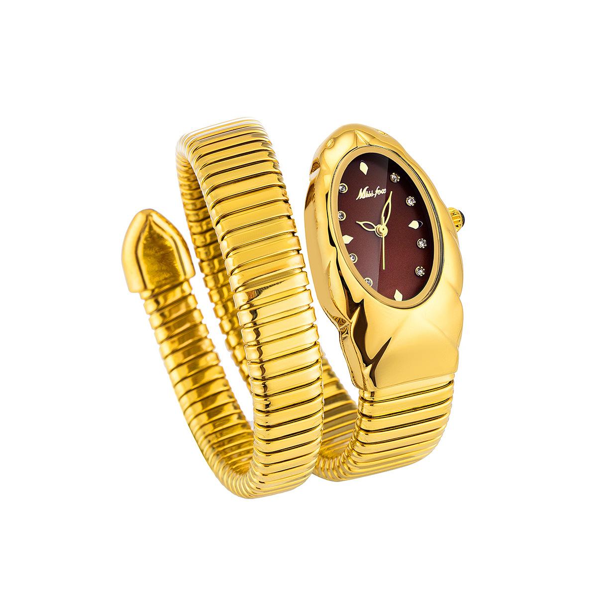 MISSFOX Damen Schlangenarmbanduhr Edelstahl Mode Gold Damenuhren Uhr Luxus Damenarmbanduhren Wasserdichte Uhren rot/gold