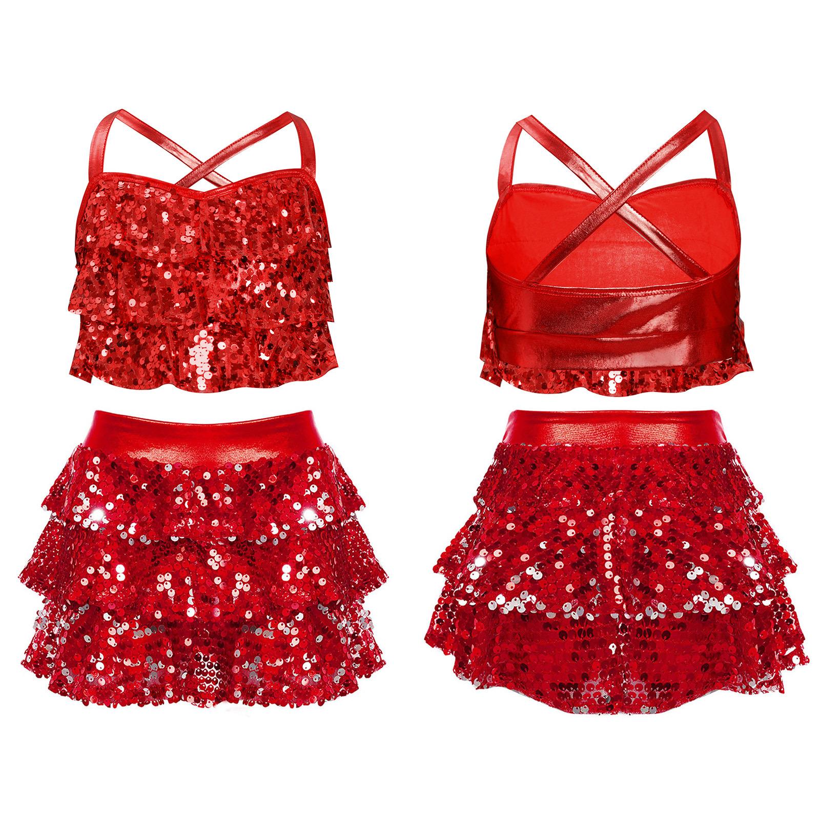 Mädchen Pailletten Jazz Tanz Outfit Kostüm Glänzendes Metallic Crop Top mit gestuftem Unitard Rock Schul Basketball Cheerleading Kostüm 9-10 Years