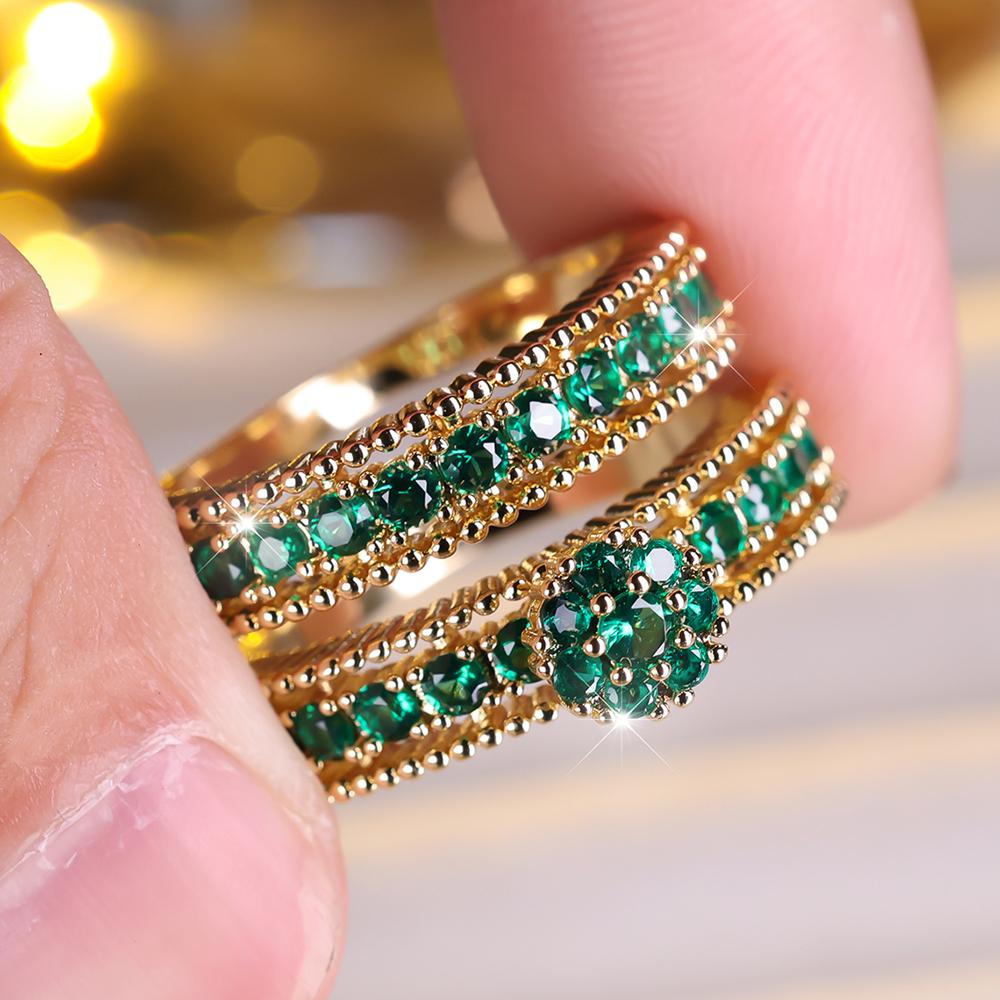 Modisches 2-teiliges Set mit blumenförmigen Zirkonia-Ringen für Frauen, luxuriöse, elegante Verlobungsringe, Party-Schmuckgeschenke 9 gold/grün