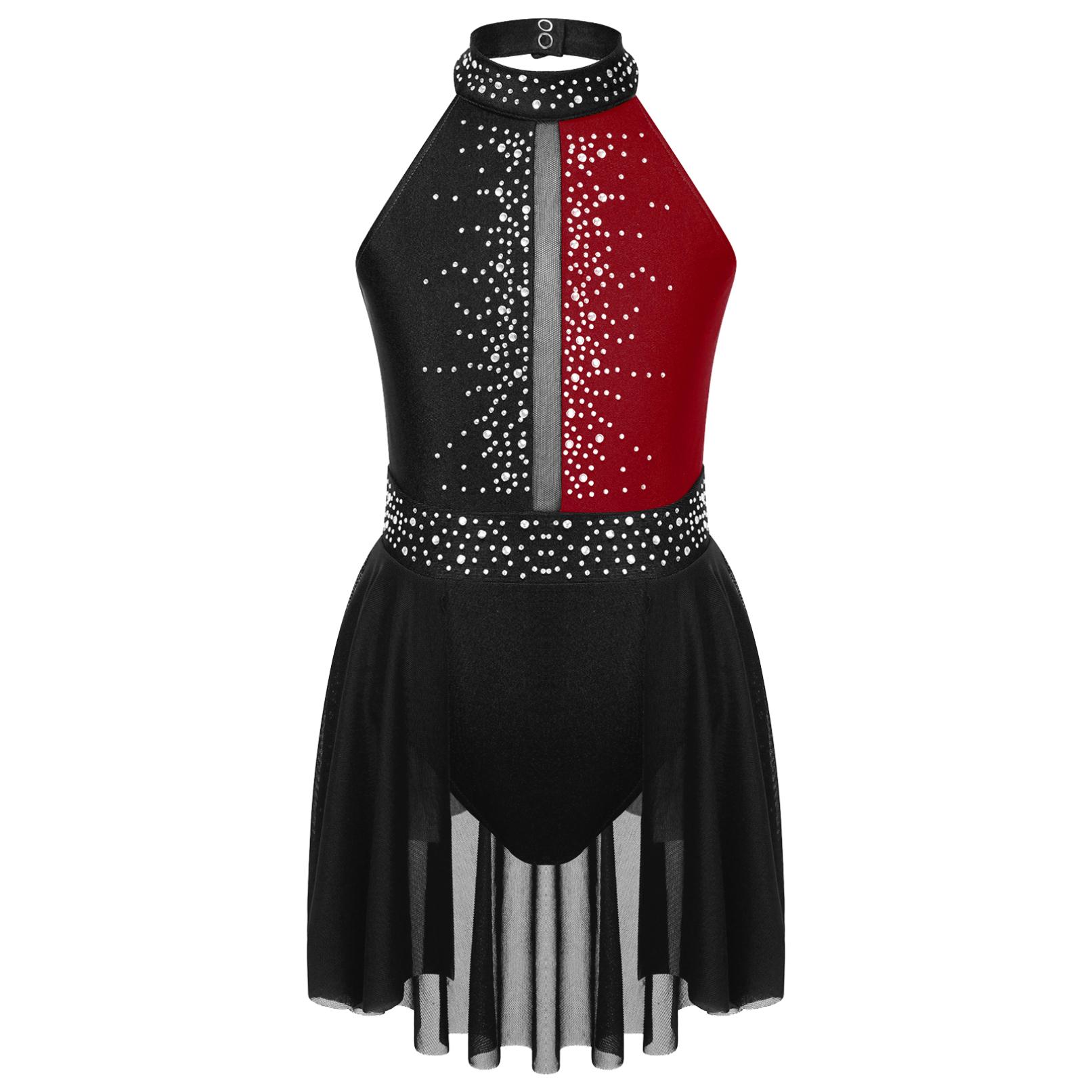 Kinder Mädchen Ballett Trikot Tutu Tanzkleid Ärmelloses Strass Lyrical Tanzkleid Ballerina Gymnastik Trikot Bühnenkostüm 11-12 Years schwarz/bordeaux