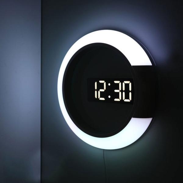 Digitale LED-Wanduhr mit Fernbedienung, kreative LED-Hohlwanduhr mit Alarm-Ringlicht, 7 Farbwechsel weiß