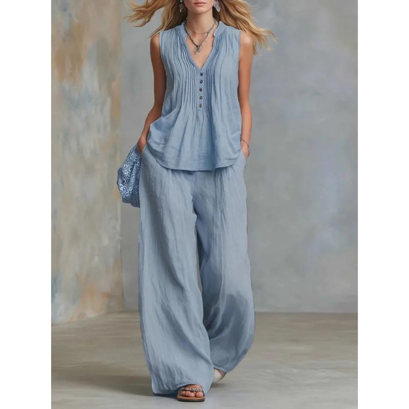 TIFICY Damenmode Lässig Sommer Frühling Einfarbige Druck ärmellos V-Ausschnitt Hosen Anzüge XXXXXL himmelblaue
