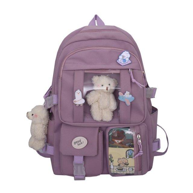 Japanischen High School Mädchen Rucksack Schule Taschen Für Teenager Mädchen Multi Taschen Neue Kawaii Rucksack Frauen Harajuku Nette Mochila With bear doll violett