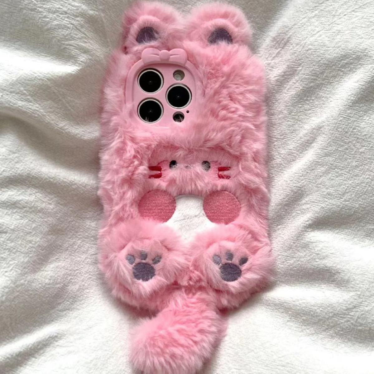 Herbst Winter Niedliche Plüsch Katze Handyhülle für IPhone 15 14 Pro Max 11 13 12 Mini XR 6 8 7 Plus X XS SE Niedliche Hülle Stoßfeste Hülle iPhone 8 Plus rosa