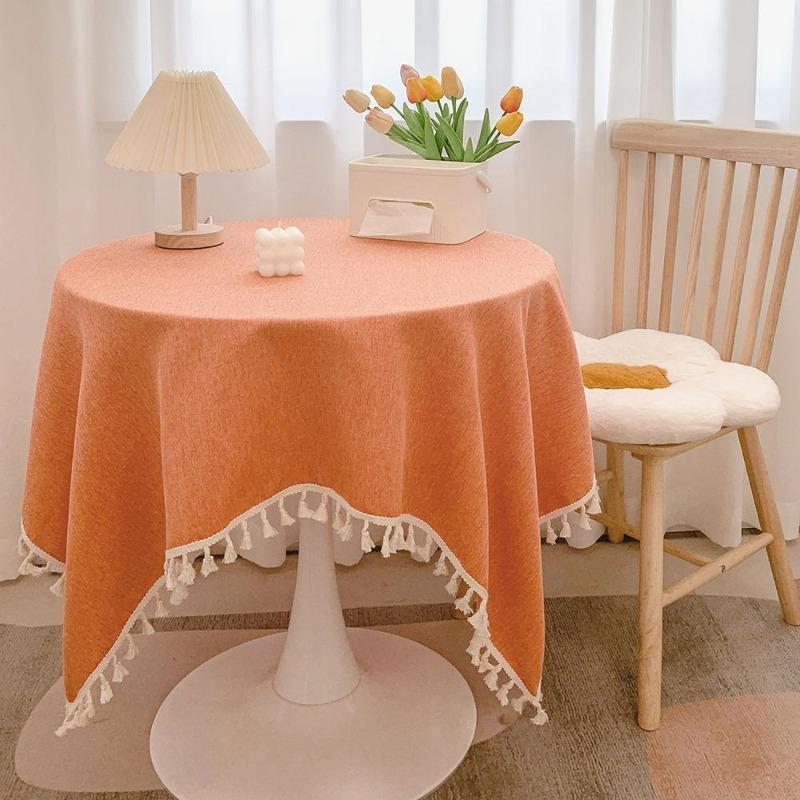Tischdecke aus Leinen mit Fransen - Rustikale runde Tischdecke für Schreibtisch, Teetisch, Esszimmer & Ästhetische Dekoration 60*60CM orange