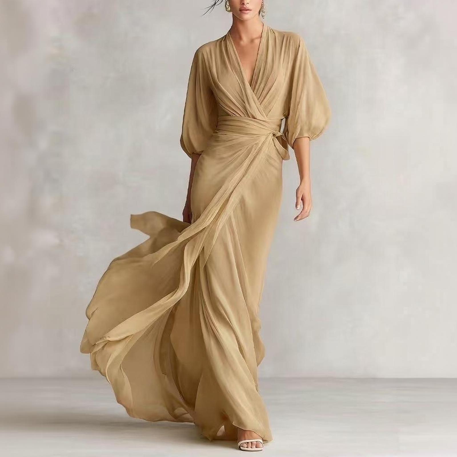 Damen Durchsichtiges Chiffon-Wickelkleid mit Puffärmeln Elegantes bodenlanges Abendkleid mit fließender Silhouette und gerafftem Taillendetail S khaki