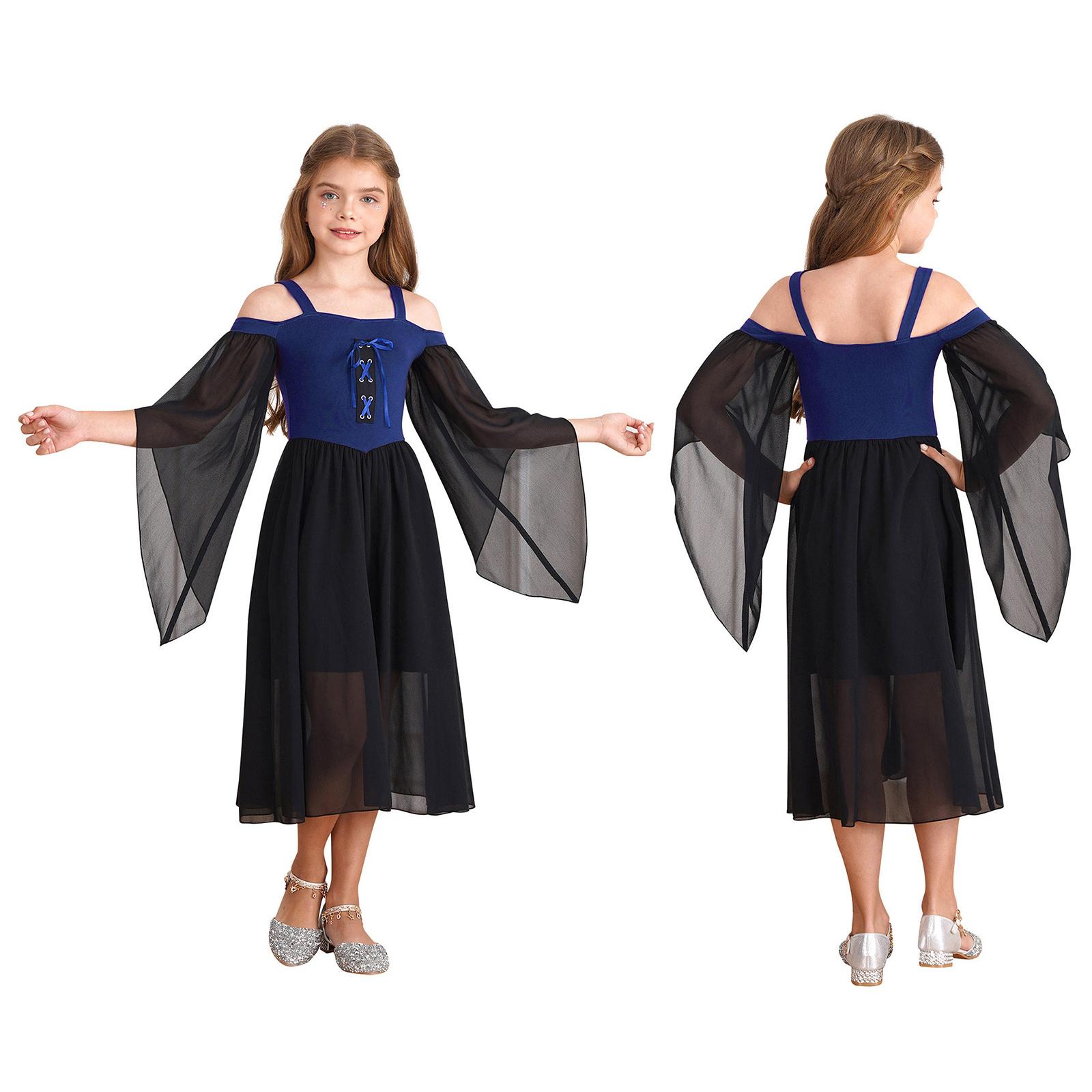 Kinder Mädchen Mittelalterliche Prinzessin Kostüm Renaissance Robe Kleid Quadratischer Ausschnitt Halloween Cosplay Kostüm 7-8 Years königsblau