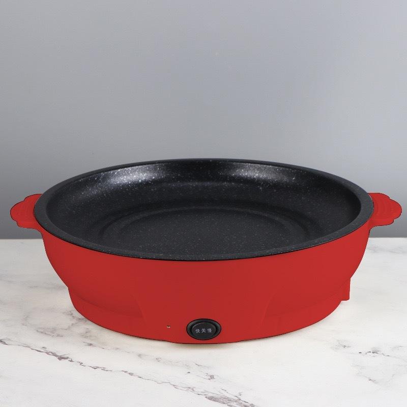 1 Set Elektrischer Multikocher Elektrische Bratpfanne 220 V Haushaltsgrill Gebratenes Steak Fisch Omelett Bratpfanne Antihaft-Kochmaschine 22cm(Clamp + Oil Brush) rot