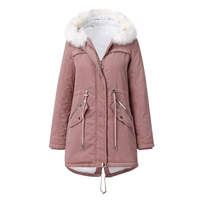 Damen-Wintermantel, weißer Parka mit Pelzkragen, mittellanger, warmer Wintermantel aus Samt mit Kapuze S rosa