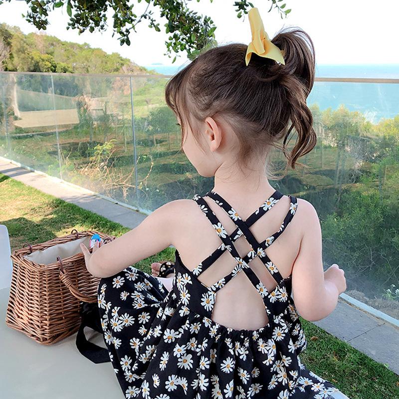 2026 Kinderkleidung Sommer Kinder Chiffon Gänseblümchen Mädchenkleid Lieferung Floral Träger Prinzessinnenkleid Lolita 90cm schwarz