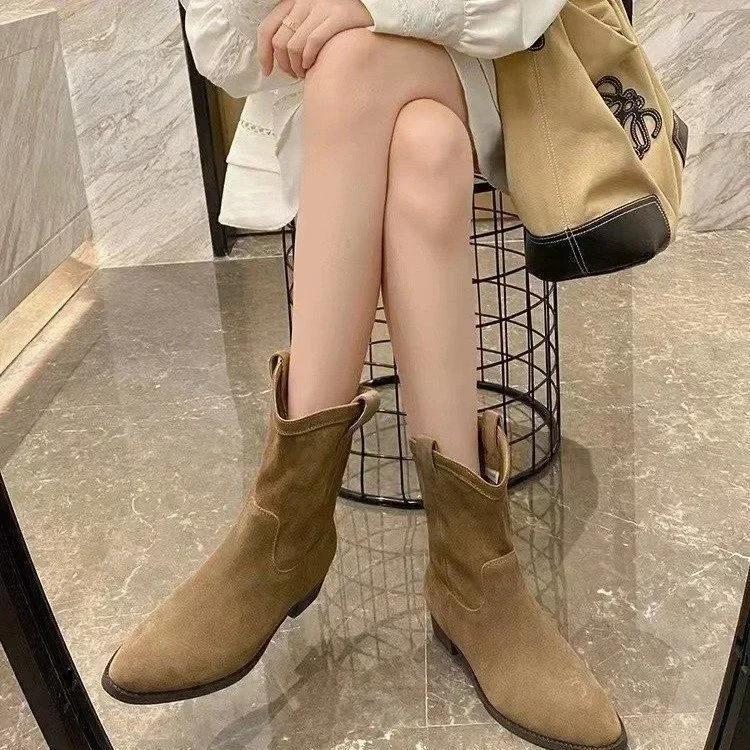 Mode Damen Spitz Western Cowboy Stiefel Damen Klobige Absätze Mid-Calf Stiefel Herbst Winter Mode Retro Stiefel Damen Mid Calf Stiefeletten 35 khaki