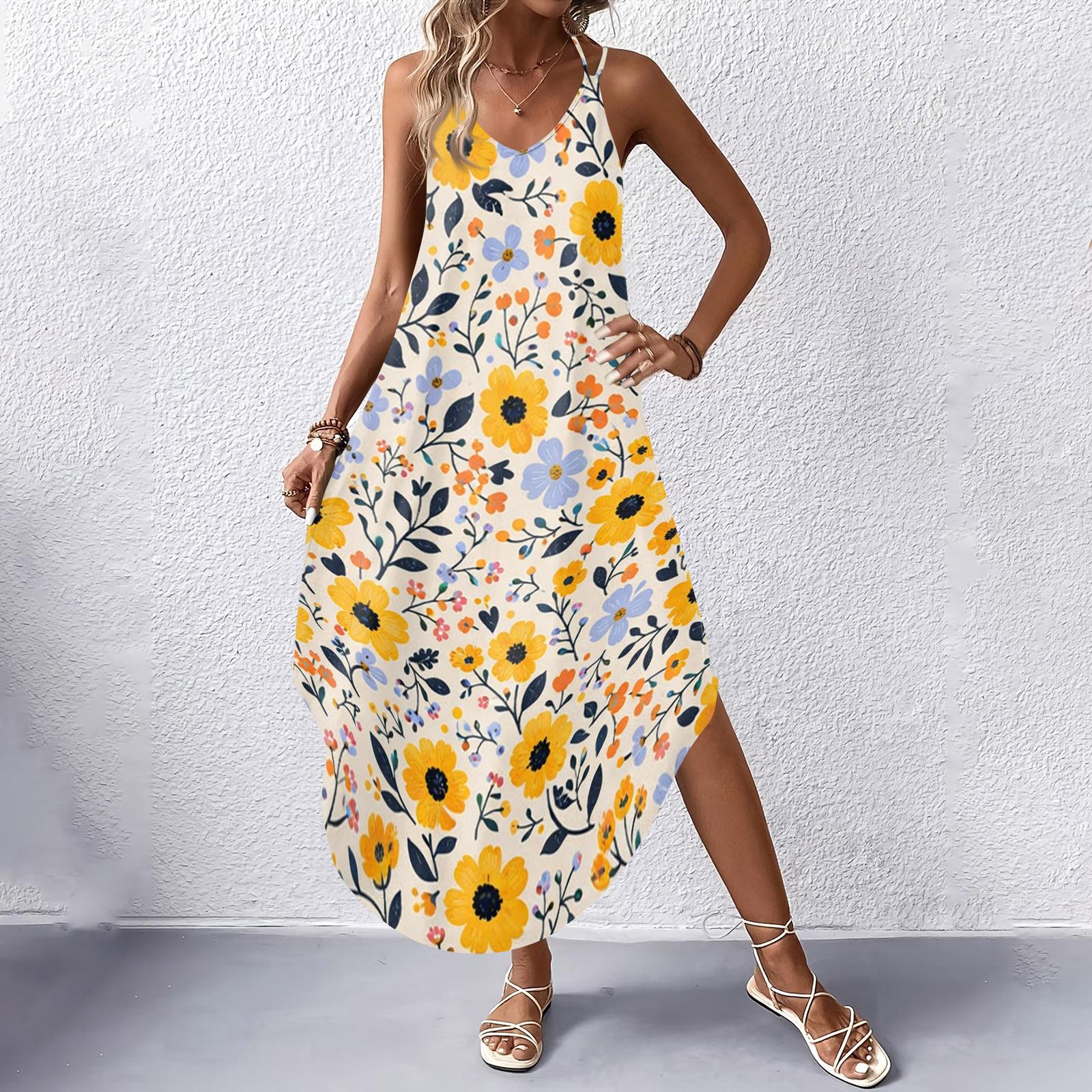 Damenmode Casual V-Ausschnitt Ärmellose Kleider Print Kleider Strand Lange Kleider S gelb