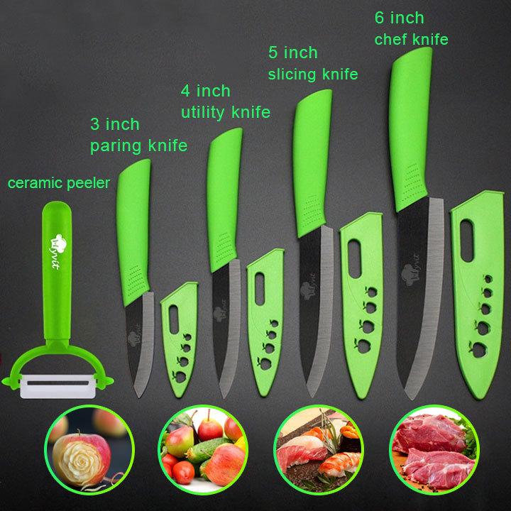 Keramikmesser, Küchenmesser, 3, 4, 5, 6 Zoll, Kochmesser, Kochset + Schäler, weiße Zirkonia-Klinge, mehrfarbiger Griff, Küchenmesser und Zubehör, Messersets grün