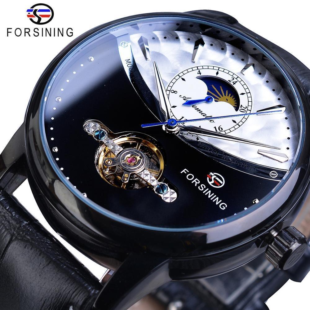 FORSINING Luxus Automatische Mechanische Uhren Herren Sonne Mondphase Tourbillon Uhr Wasserdicht Herren Armbanduhr