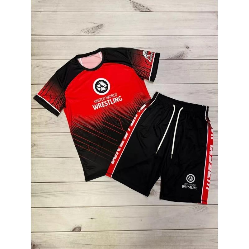 2026 Neues United World Wrestling Sportset für Herren und Kinder, Mehrfarbig, T-Shirt & Shorts, MMA Trainings-Kampfanzug 4XL red