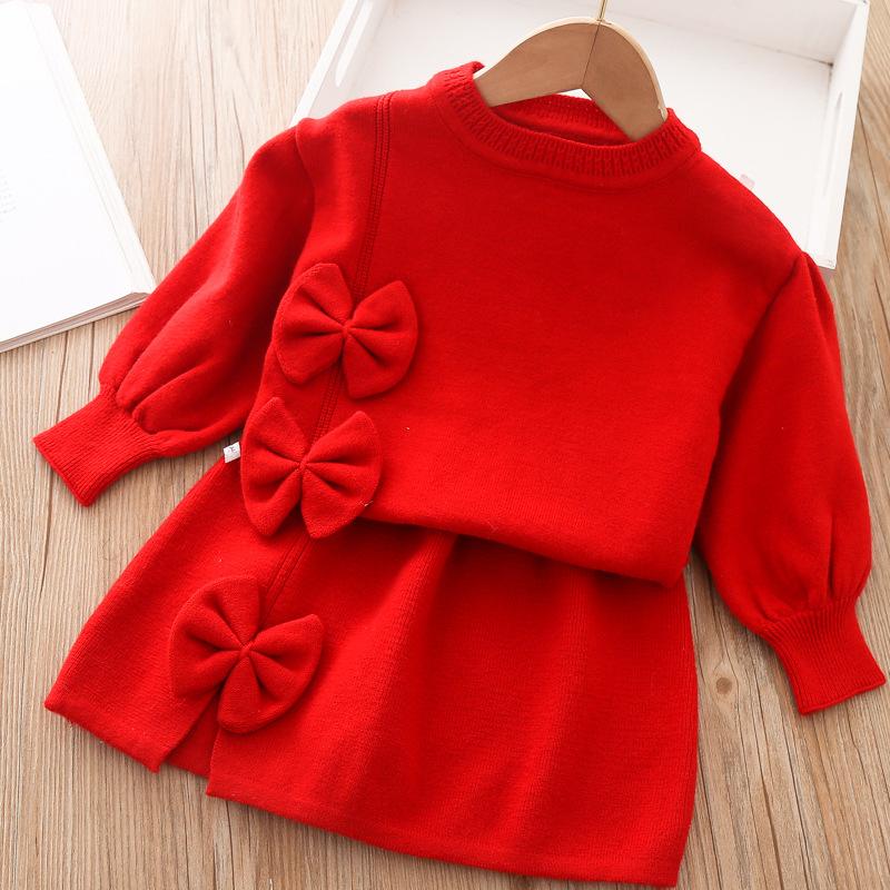 Mädchen Winter Kleidung Set Langarm Pullover und Rock 2 Stück Kleidung Anzug Frühling Outfits für Kinder Mädchen Kleidung 90cm rot
