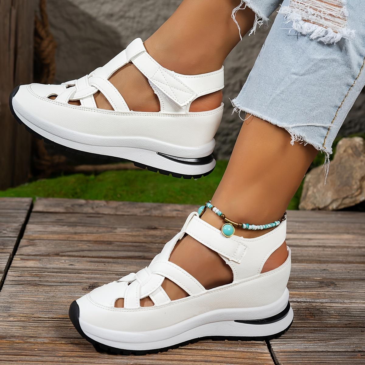 Damen Weiße Plateau-Sandalen Dicke Sohle Keilabsätze Klettverschluss Riemen Kunstlederbezug Gummisohle Riemchensandalen Sommerschuhe 43