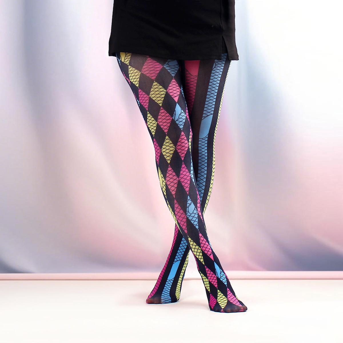 Retro-Strumpfhose mit Muster für Damen 17 Stil Muster Strumpfhose Weiblich Frühling Neu Stern Gitter Lange Socken Farbige Strumpfhose One Size white
