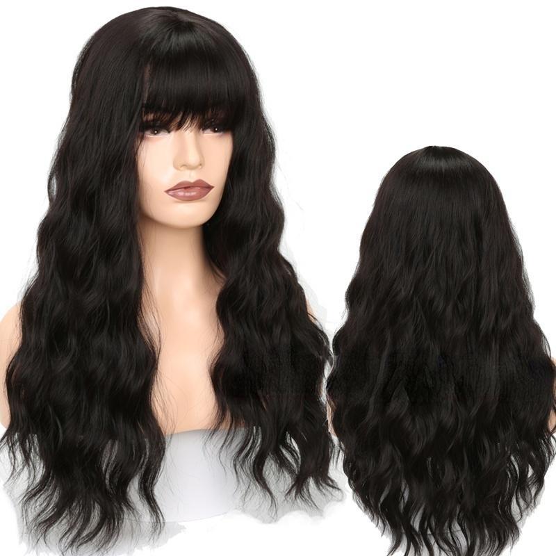 MERISIHAIR Modische lange gewellte Perücke für Damen mit Pony, Kunstfaser, schwarz, braun, blond, gewellte Perücke 1B