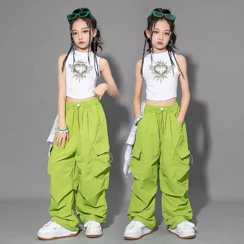 Kinder Hip Hop Joggers Hosen Mädchen Cargo Hosen Teenager Gerade Hose Hohe Taille Vintage Casual Streetwear Baggy Hosen 130cm grün