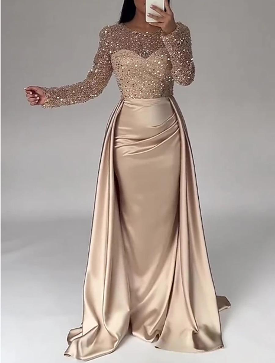 2026 Glamouröses Damen-Pailletten-Gala- und Abendkleid mit langen Ärmeln XL gold