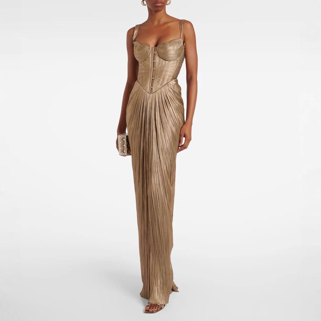 Damen Sweetheart Ärmelloses Maxikleid Etuikleid Hohe Taille Elegant Metallisch Falten Abendkleid S gold