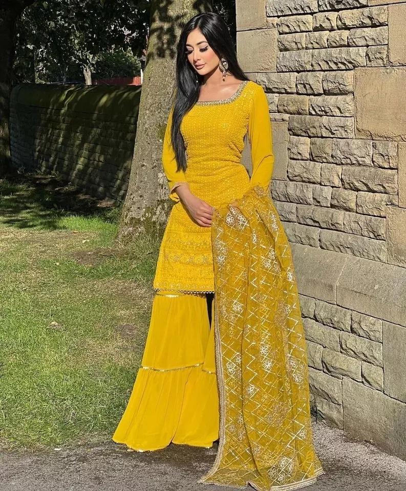 Party Wear Designer Top Sharara Dupatta Set Indisches Bollywood Salwar Kameez Kleid M gelb