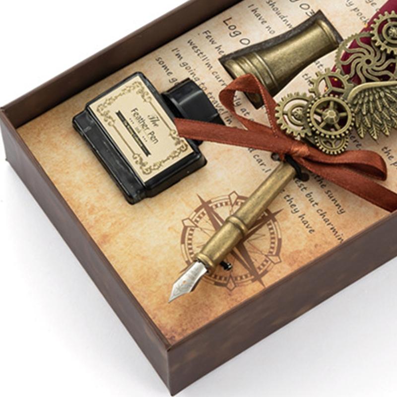 Kielkielstift Siegelwachsstempel Set Retro Europäischer Stil Edelstahlfeder Kielkielstift und Tinten Set Wein wein rot