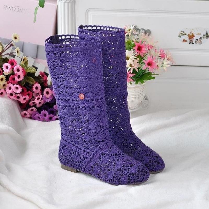 2025 neue Frühling Spitze hohl Martin Stiefel Einzelstiefel flache hohe Stiefel Netzstiefel coole Stiefel Lochschuhe Damenstiefel single layer violett