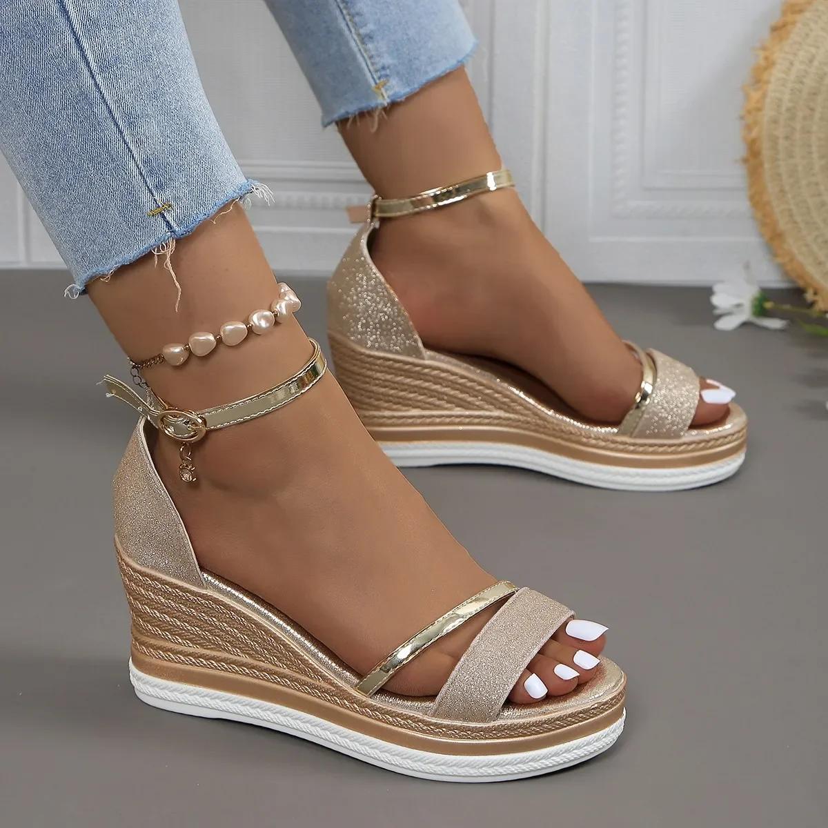 Mode Damen Sandalen Neue Lässige Plateau High Heels Schuhe für Damen Keile Luxus Mode Sandalen Sommer Komfort Sexy Sandalen Damen 40 gold
