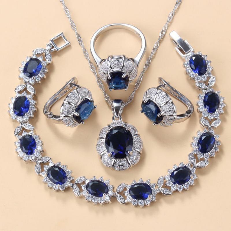 Europäischer und N Blauer Schmuck Einlege-Edelstein Anhänger Ohrringe Halskette und Ringe Damenanzug 10