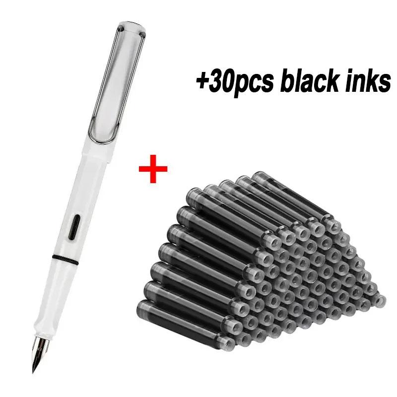 0,38 mm Füllfederhalter-Set mit 30 Tintennachfüllungen, Schulbedarf für Schüler, Kawaii-Briefpapier, Kalligraphiestift zum Schreiben 30pcs black inks weiß
