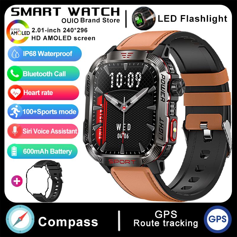 2025 neue GPS Smartwatch Männer 600mAh Uhr Sport Outdoor Uhr IP68 Wasserdicht Offline Karte 100 + Sport Modus smart smartwatch silicone+leather braun