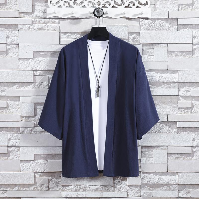 Herren-Kimono mit offenem Stich, japanische Jacken, lässiges Baumwollhemd mit 3/4-Ärmeln, offener Vorderseite, Mantel, leichte Leinenoberteile L navy blau