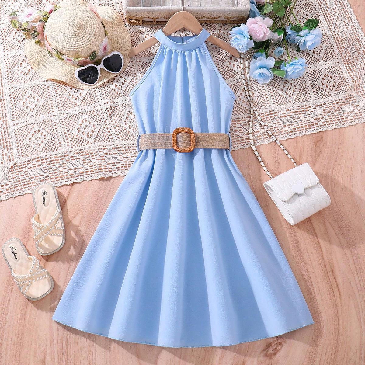Mädchen Kleid Hängenden Hals Taille Kleider Teenager Casual Fashion Kleid für 8 9 10 11 12 Jahre alte Kinder Kleidung 10Y blau