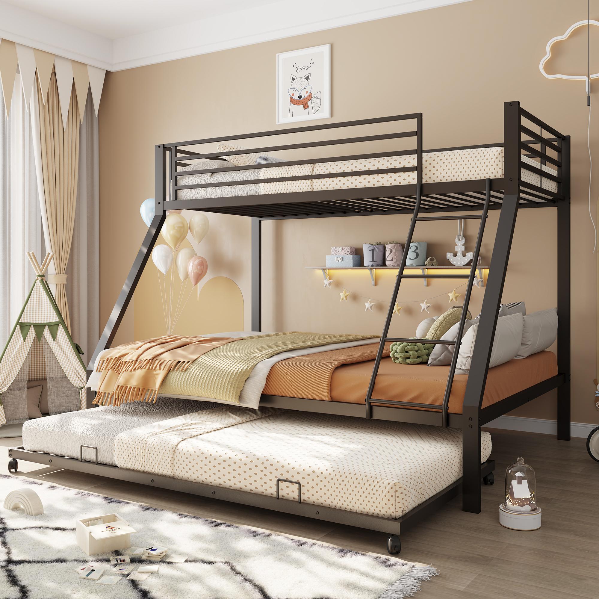 Metall-Etagenbett 90x200 & 140x200 cm, Ausziehbett 90x190cm, Familienbett Kapazität bis zu 550kg, 3 Schlafplätze, Schräge Leiter & Absturzsicherung, Schwarz 204 x 145.5 x 160 cm schwarz