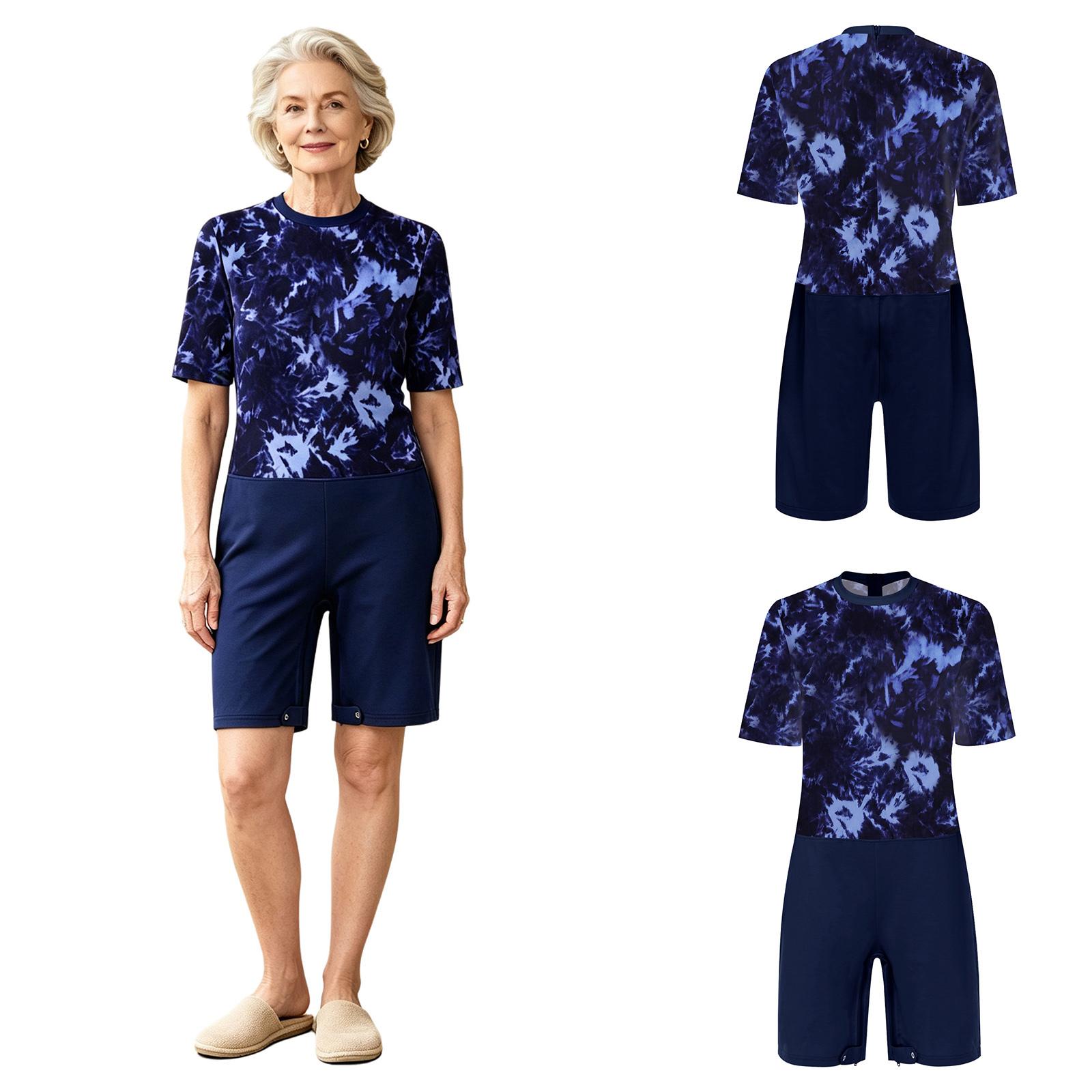 Damen Ältere Anti-Strip Adaptive Strampler Floral Bedruckt Kurzarm Reißverschluss Hinten Schrittreißverschluss Strampler Loungewear für Besondere Bedürfnisse Tägliche Pflege S blau