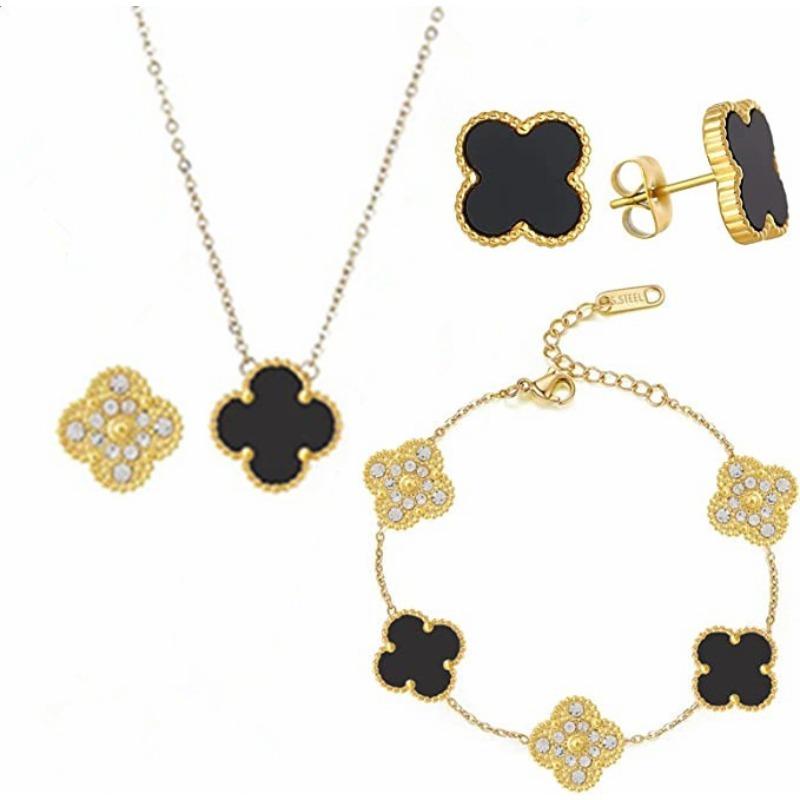 3-teiliges neues diamantbesetztes Kleeblatt-Halsketten-Armband-Ohrring-Set 3pcs schwarz
