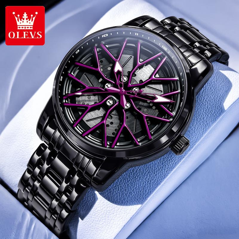 OLEVS Mode 360° Drehzifferblatt Sportwagen Felge Radnabe Quarz Uhr Herren Wasserdicht Edelstahl Herren Armbanduhr violett