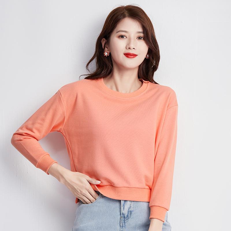 Stilvolles Rundhalspullover-Baumwoll-Sweatshirt für Damen im Frühling und Herbst, schlanke und vielseitige Langarmoberteile und -jacken für Damen, locker M beige