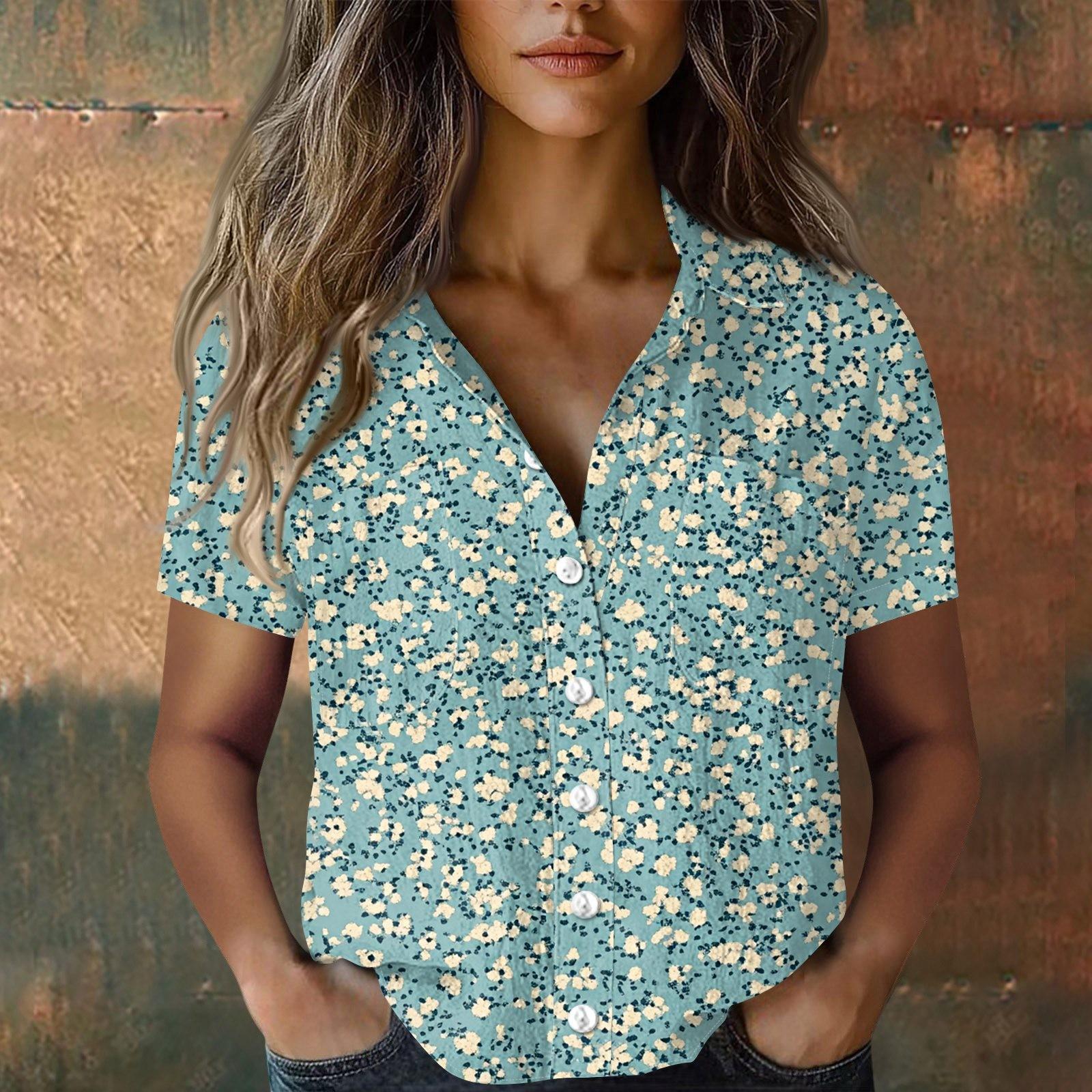 Damen Blusen & Hemden, Baumwolle, Leinen, kurzärmelig, lockere Boho-T-Shirts, Vintage-Blusen S