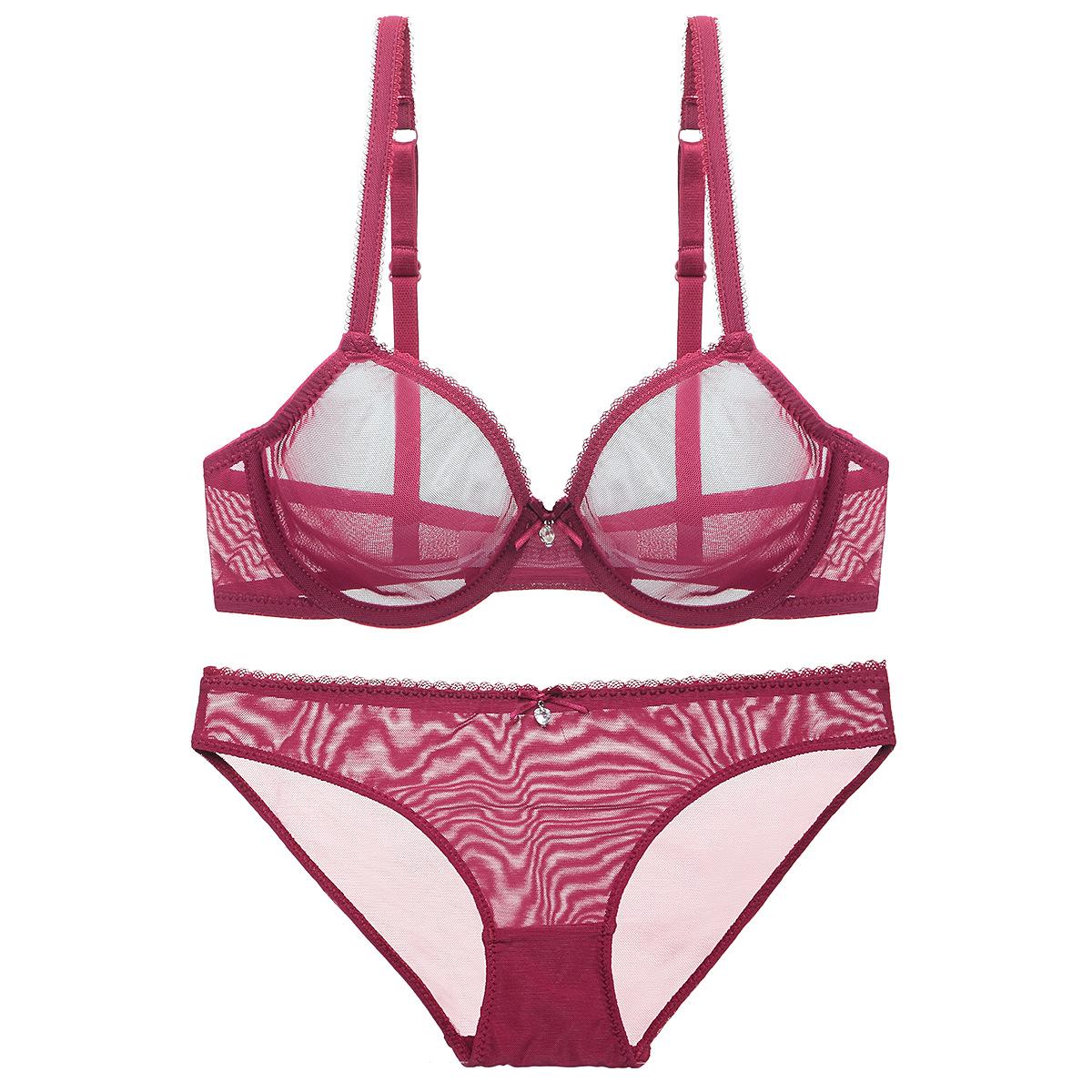 Französisch Ultra Dünne Dessous Set Sexy Mesh Transparent Bh Set Frauen Spitze Unterwäsche Sommer Atmungsaktive Bralette Weibliche Dessous 75B bordeaux