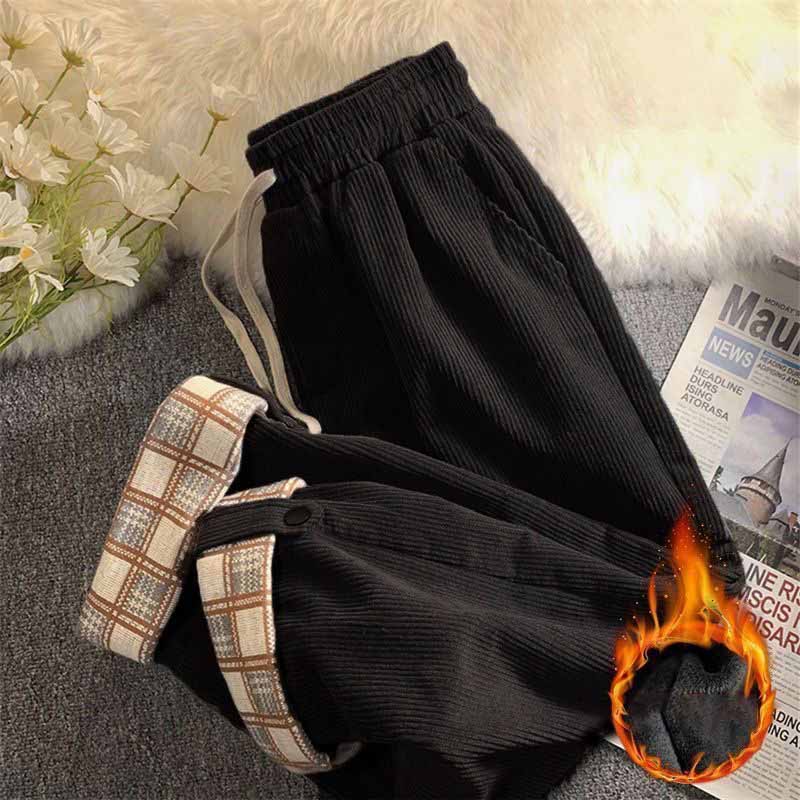 Winter oder Frühling Damen Retro Cord Casual Hose Harajuku Weitbein Hose Street Jogginghose Gerade Hohe Taille Hose XXXL warme schwarz