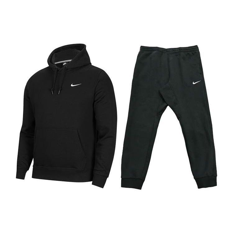 Nike Logo Bestickter Kordelzug-Hoodie Trainingsfleece Hose mit geradem Bein Lässiger Sportanzug Herren Sweatshirt, Hose Schwarz 916271-010+716831-010 M
