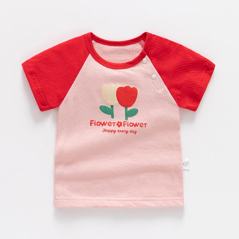 Baby Top Reine Baumwolle Kurzärmelig Baby Mädchen Sommer Dünn Kinderbekleidung 0 Jahre alt 1 Jungen T-Shirt 3 Kinder Halbarmlig Kinder 120cm(No shoulder buckle)