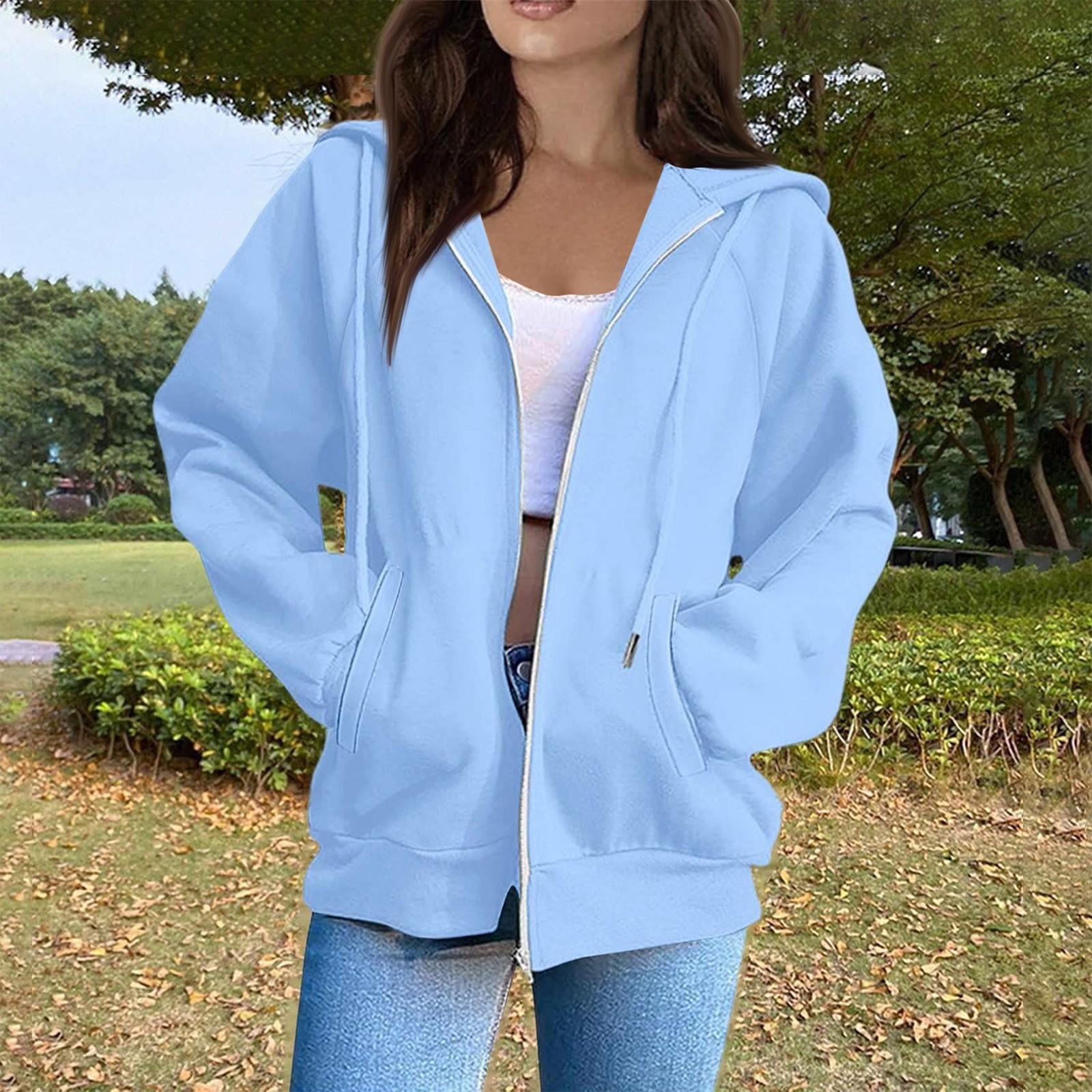 Damenmode Lässige Langarm Einfarbig Kapuzenpullover Tops XXXL himmelblaue