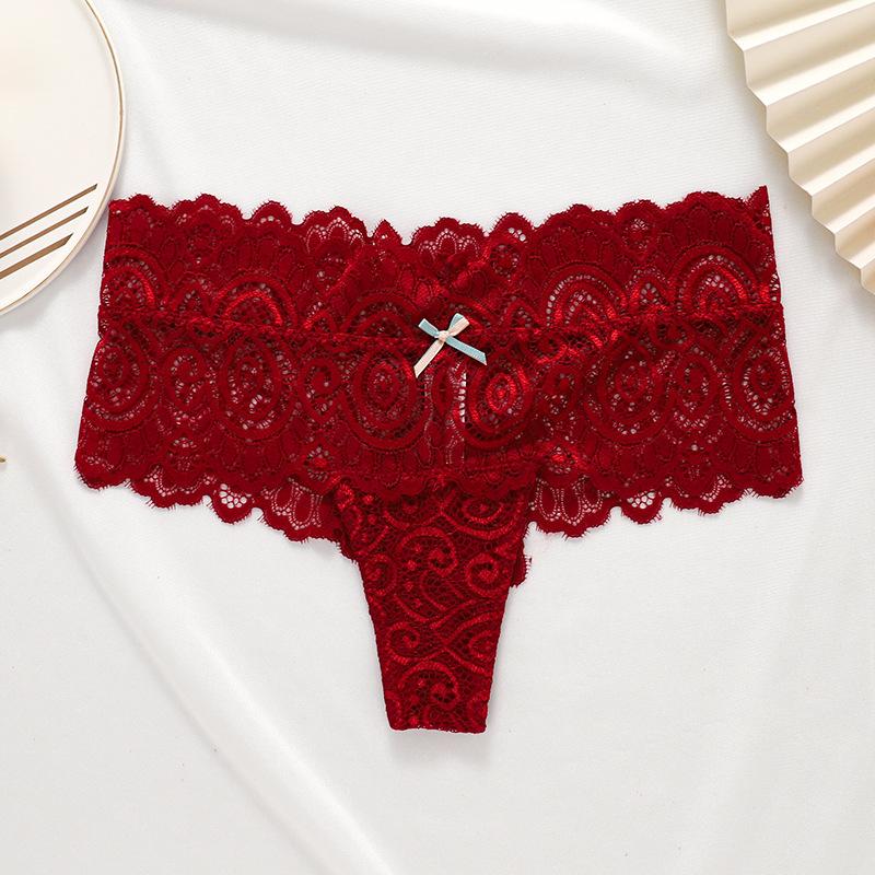 CINOON Frauen Sexy Spitze Höschen Low-Rise Versuchung Dessous Weibliche G String Transparent Unterwäsche Stickerei Briefs Dessous XL bordeaux