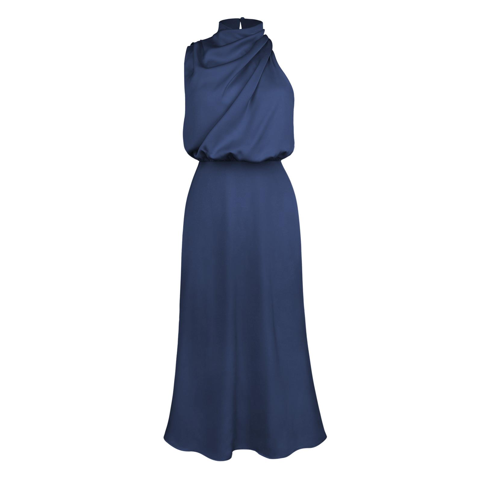 Damen-Sommer-Abendkleid, ärmellos, elegant, Neckholder, A-Linie, hohe Taille, lange Kleider, einfarbig XL dunkelblau