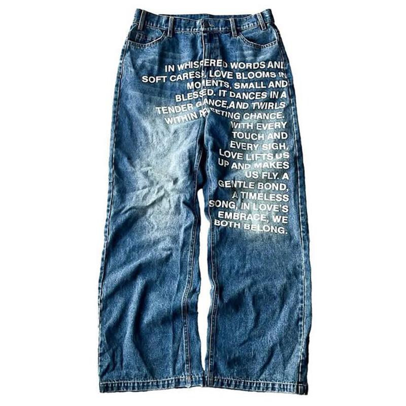 ZYLLO Y2K Jeans Vintage Amerikanisches Muster Buchstaben Jeans Streetwear Gothic Harajuku Hip Hop Herren Damen Mode Lässig Weitbeinige Jeans M
